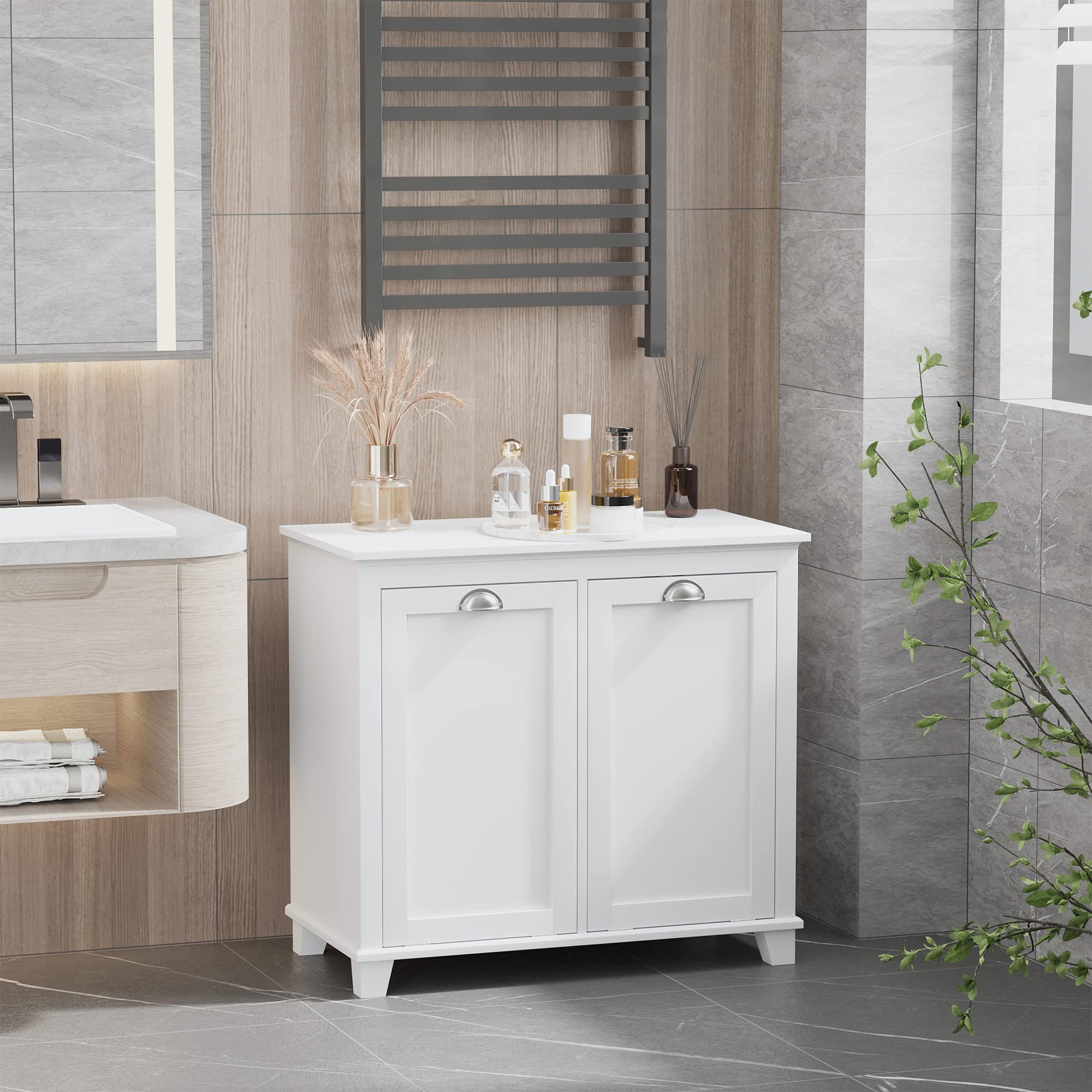 Homcom Dual Tilt Out Laundry Hamper Cabinet, Bathroom Storage Cabinet With 2-Compartment Hamper, Modern Bathroom Floor Cabinet F
